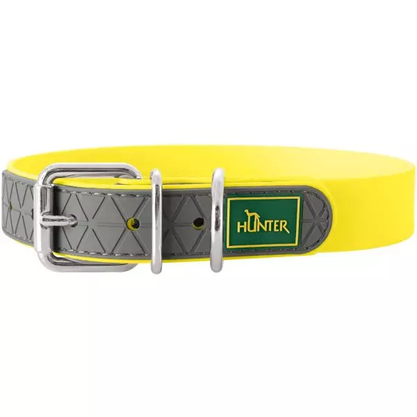 Yellow dog collar from Hunter with grey accents and silver-coloured buckle.