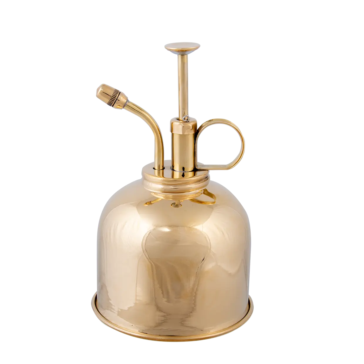 Ein glänzender goldener Pflanzenzerstäuber mit bauchiger Basis und schlankem Pumpmechanismus. Eine gebogene Düse ragt seitlich heraus, ideal für feines Sprühen. Die reflektierende Oberfläche zeigt dezente Lichtreflexe.