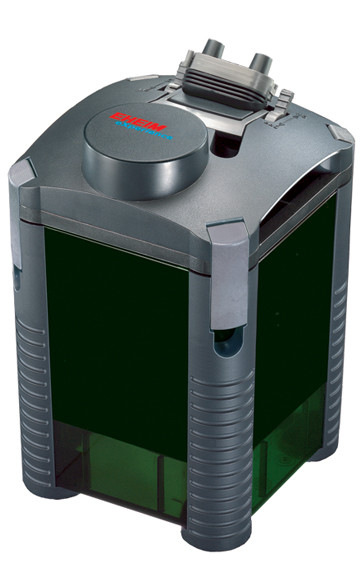 Filtre extérieur gris EHEIM 350 pour aquariums, carré avec surfaces de remplissage vertes et accessoires en haut.