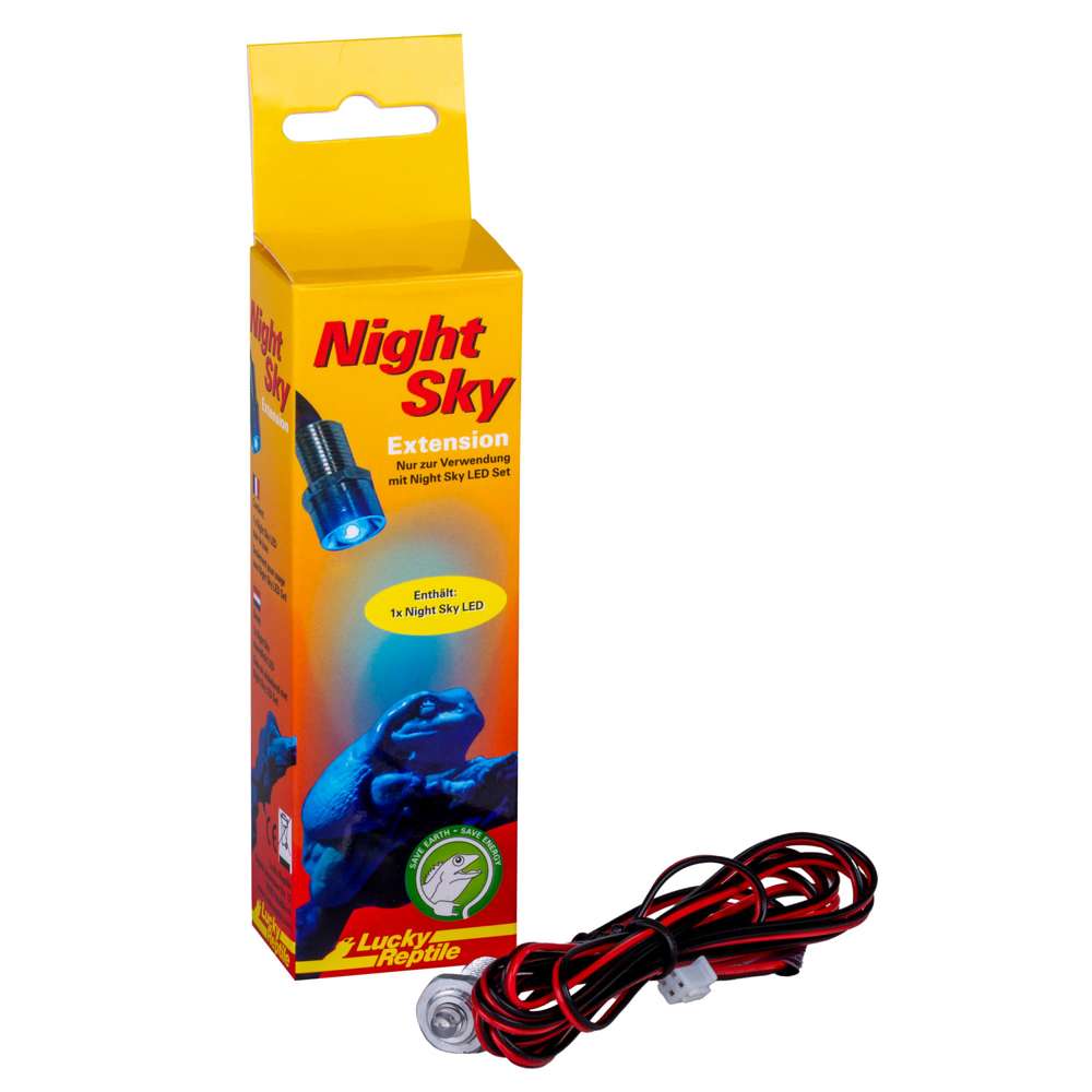 Emballage jaune de Lucky Reptile Night Sky LED extension avec LED et câble. Des grenouilles sont également imprimées.