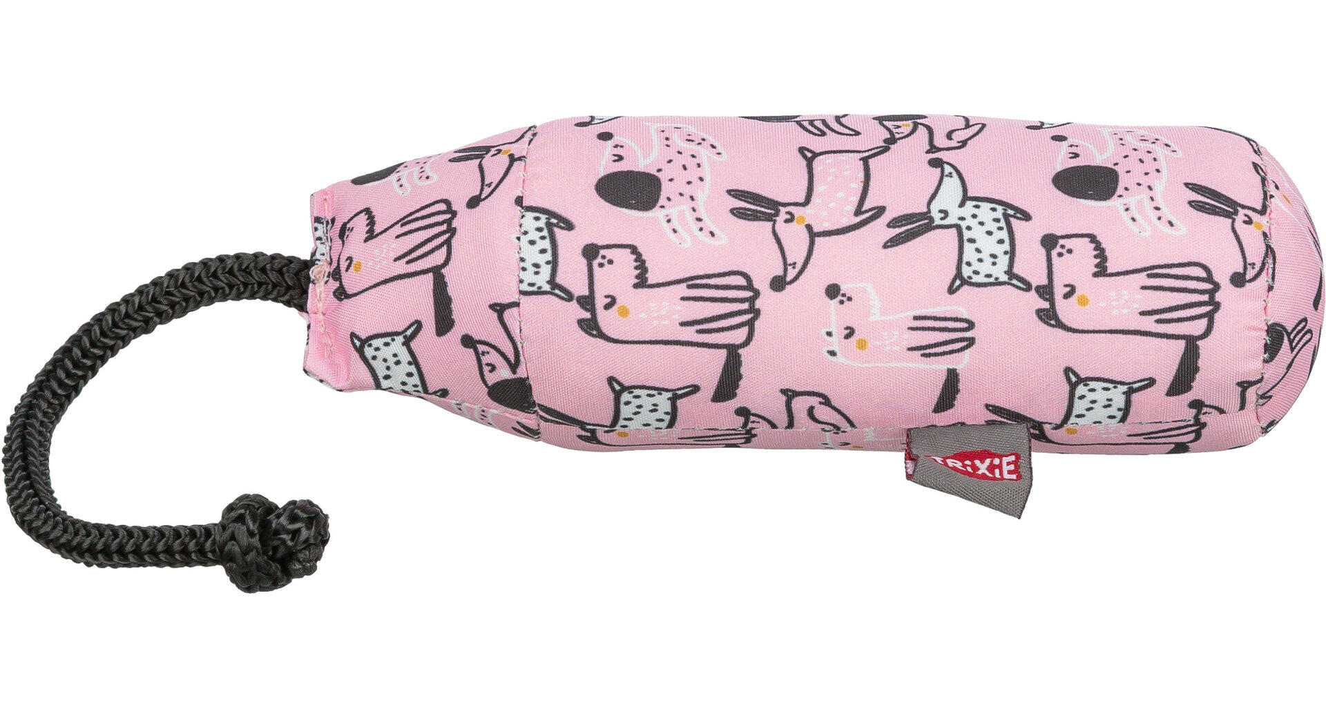 Pinkfarbenes, zylindrisches Hundeapportel mit schwarzer, geflochtener Griffschlaufe links. Der Dummy-Stoff zeigt ein verspieltes Muster aus stilisierten Hunden und Fantasiewesen in Schwarz, Weiß und gelben Akzenten. Rotes TRIXIE-Etikett seitlich.
