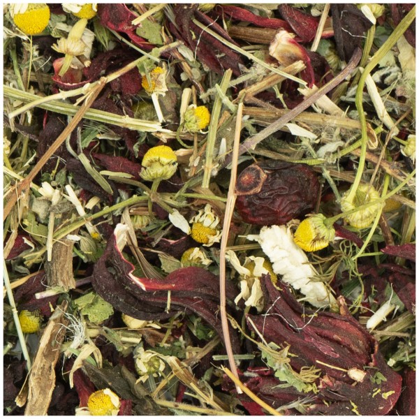 Close-up of a mixture of dried herbs and flowers: small yellow chamomile flowers, deep red hibiscus leaves, greenish-brown stems and shrivelled dark red berries. Looks like a tea blend.