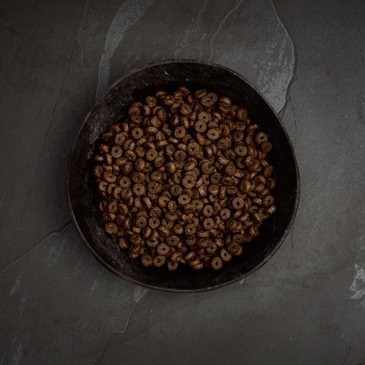 Un plat rustique de couleur foncée, rempli de nombreuses petites croquettes rondes et brunes de la gamme « Canagan » pour chiens de petite taille, est posé sur une plaque de pierre grise texturée. Ces croquettes sont adaptées aux petites races.