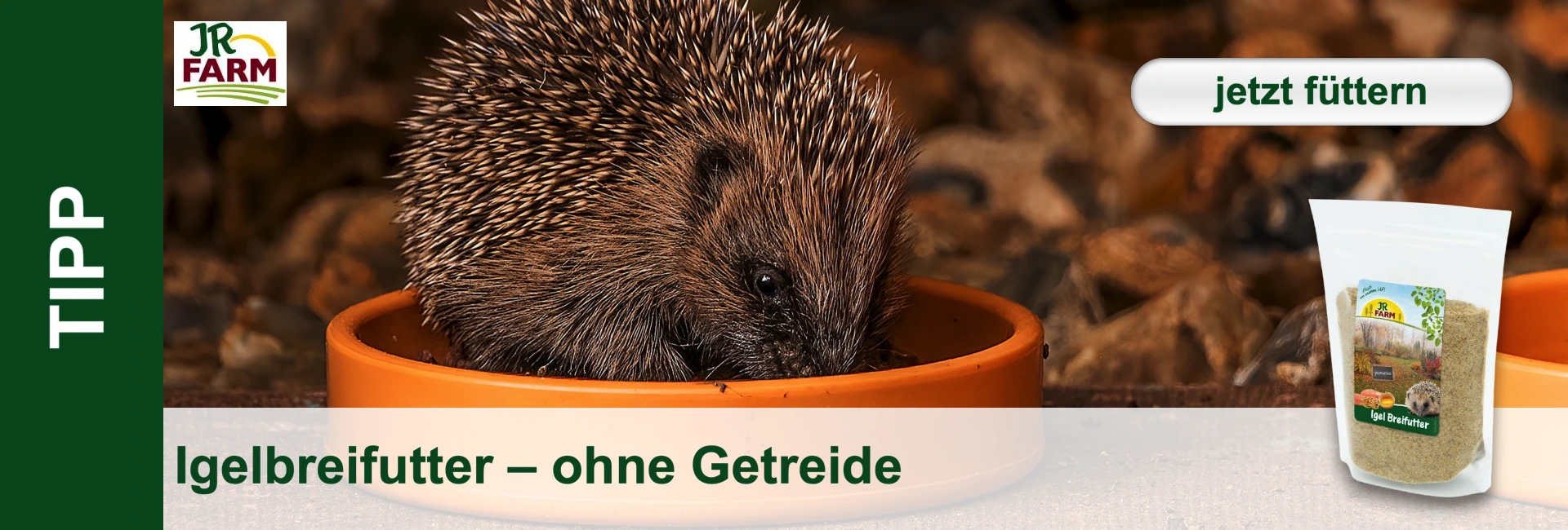 Un riccio mangia da una ciotola arancione, accanto a una confezione di porridge senza cereali.