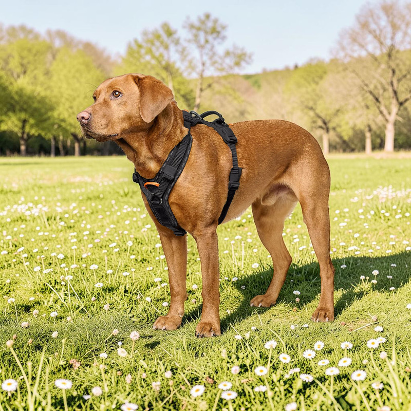 A brown dog with short fur, wearing a black, ergonomic dog harness, is standing in a sunny meadow full of daisies. Adjustable straps and a Y-shaped chest pad are visible. In the background: green trees, blue sky.