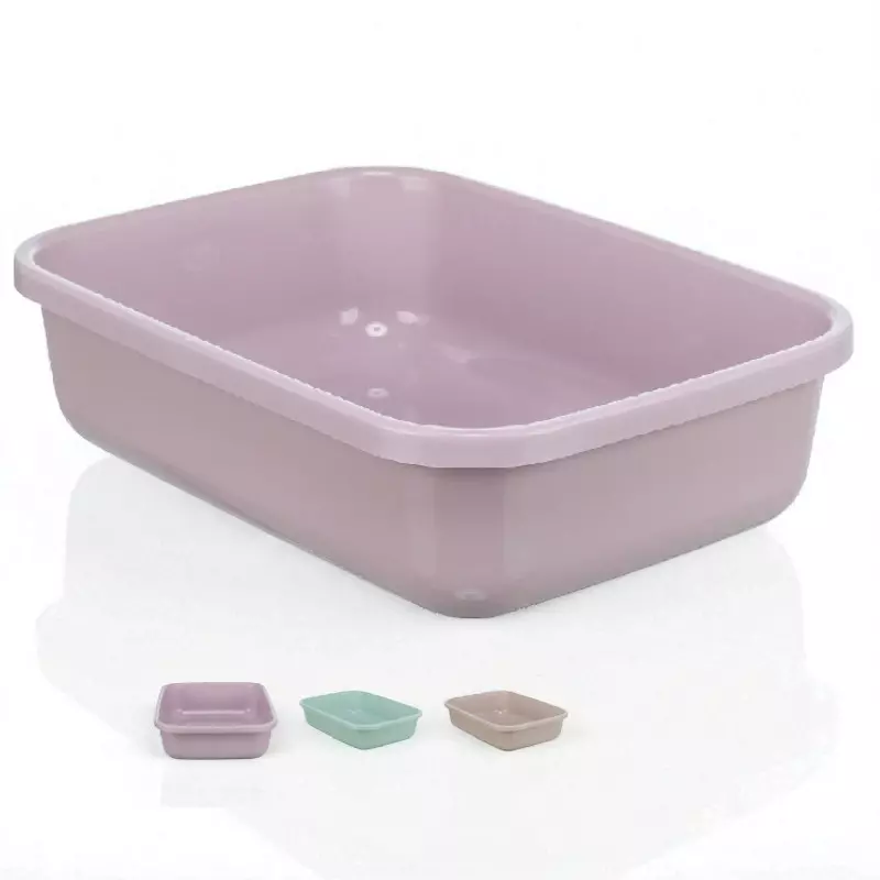 Rectangular litter tray in purple with three small miniature toilets.