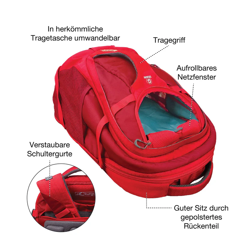 Red rucksack with carrying handle, mesh window, stowable shoulder straps and padded back section.