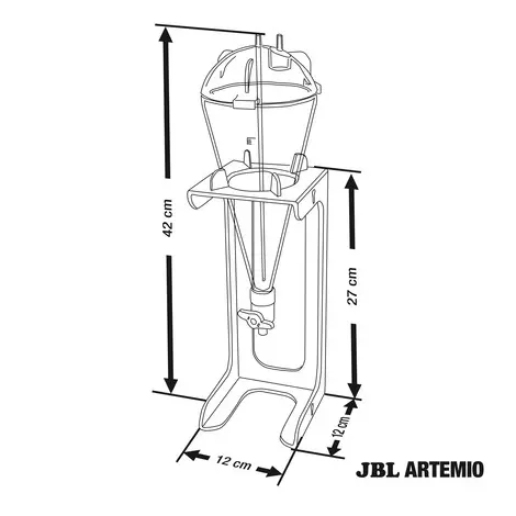 Disegno schematico JBL ArtemioSet: contenitore a forma di imbuto in supporto con dimensioni.