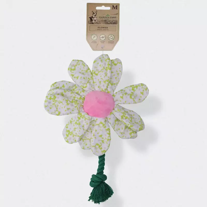 Gioco per cani a forma di fiore da giardino (sakura) con centro rosa e corda verde per tirare e lanciare.