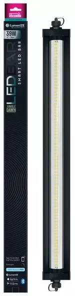 Arcadia Barra LED LumenIZE Jungle Dawn Smart e confezione, allineata verticalmente. Barra LED con alloggiamento nero.