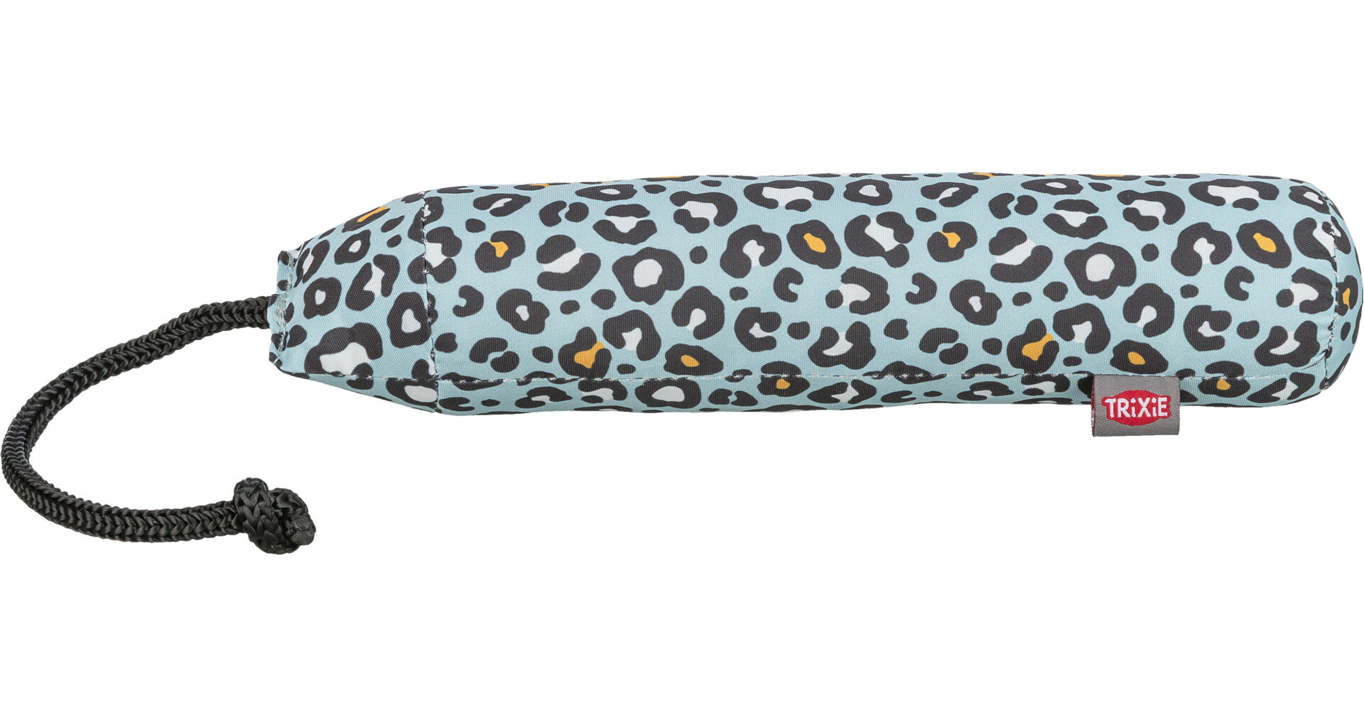 Zylindrisches Hunde-Dummy mit hellblauem Leopardmuster aus dunklen Flecken, teils mit gelben Akzenten. Links eine schwarze geflochtene, nach unten gebogene Wurfkordel. Rechts unten rotes „TRIXIE“-Etikett. Horizontal auf weißem Hintergrund.