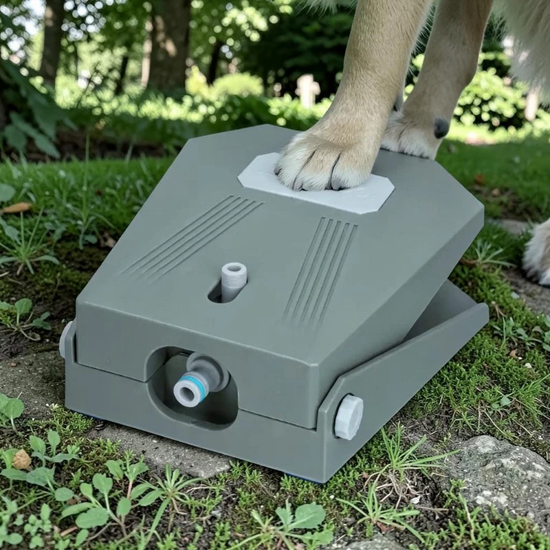 Una zampa di cane preme su una piattaforma grigia rettangolare per l'erogazione d'acqua per animali, su un prato verde. Il distributore ha un raccordo e un piccolo beccuccio. Sullo sfondo alberi e cespugli.