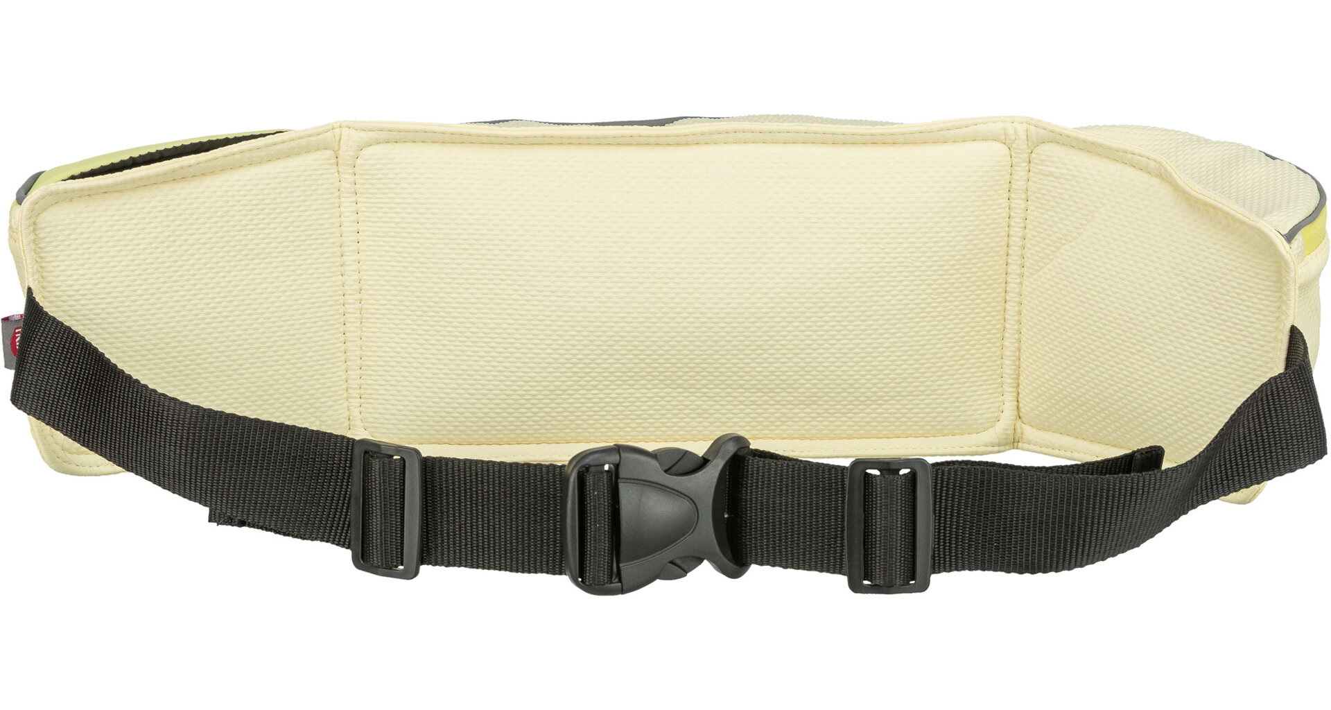 Rückenansicht einer beigefarbenen Bauchtasche mit strukturierter, gepolsterter Oberfläche. Schwarzes, verstellbares Gurtband mit Kunststoffschnalle und Schiebern verläuft unten horizontal und sorgt für sicheren Halt. Ideal für Outdoor oder Reisen.