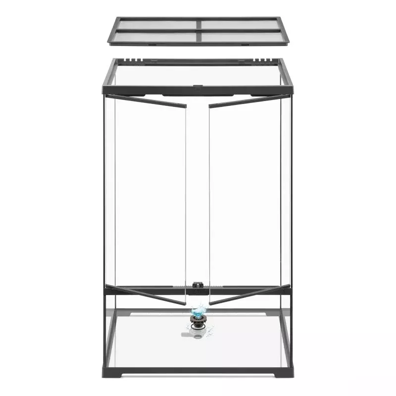 Paludarium vide, haut, noir Exo Terra Pro avec les portes avant ouvertes et le couvercle retiré.