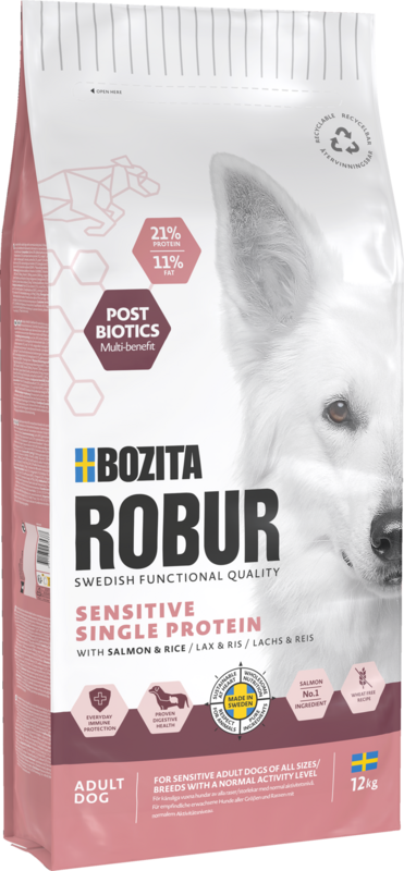 Bozita Robur Sensitive Hundefutter: Lachs & Reis (Single Protein). 21% Protein, 11% Fett, Postbiotics. Glutenfrei. Für erwachsene Hunde; unterstützt Verdauung & Immunsystem.