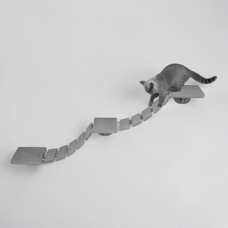 Un chat gris sur une échelle taupe fixée à un mur blanc. Conçue pour être murale, cette échelle en bois et sisal comprend trois plateformes carrées et des échelons ondulés. Le chat atteint la plus haute.
