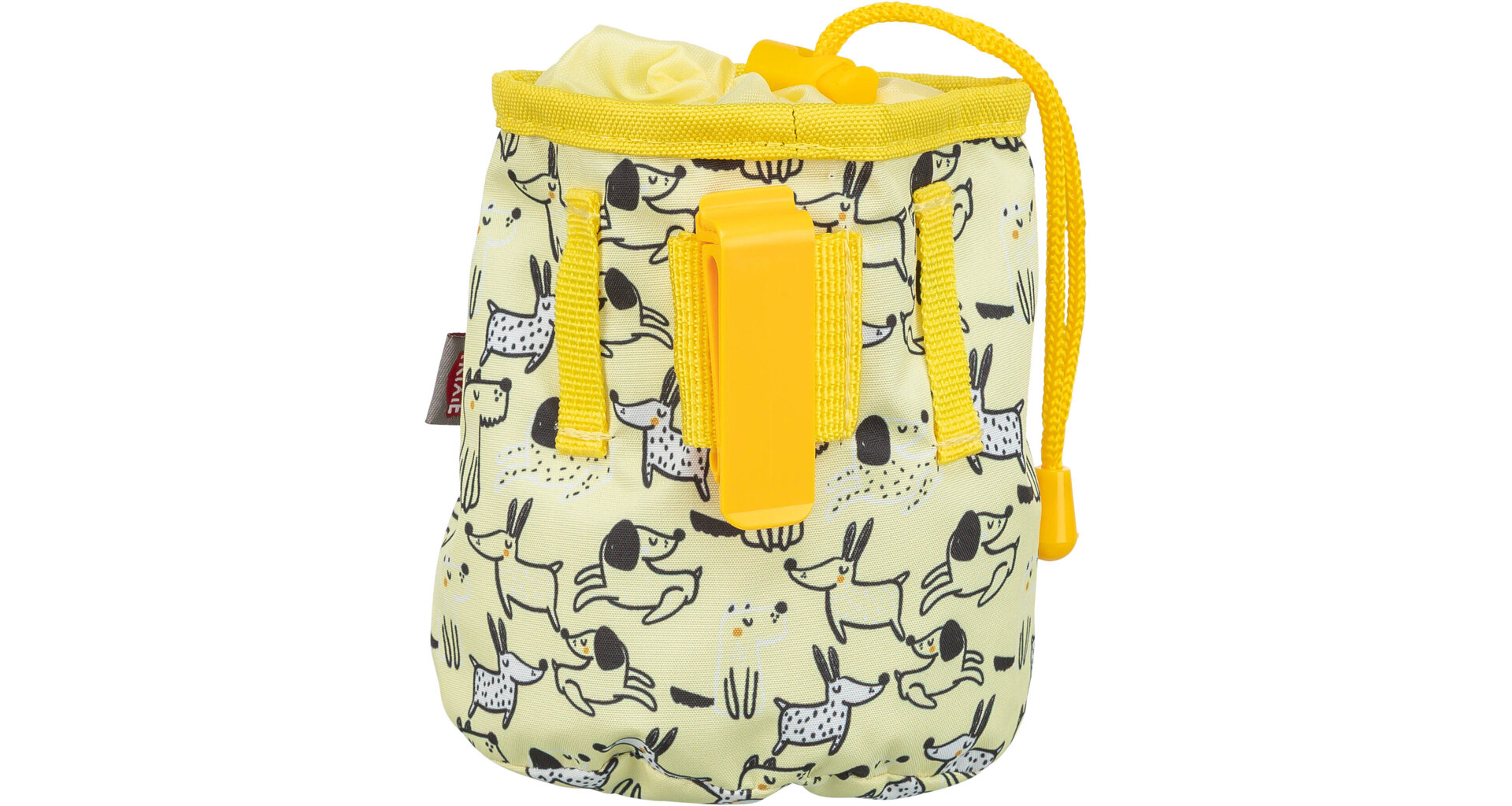 Helle, zylindrische Leckerli-Tasche für Hunde mit spielerischem Muster aus stilisierten schwarzen und gepunkteten Hunden auf hellgelbem Grund. Oben per leuchtend gelbem Kordelzug verschließbar, mit gelbem Gürtelclip.