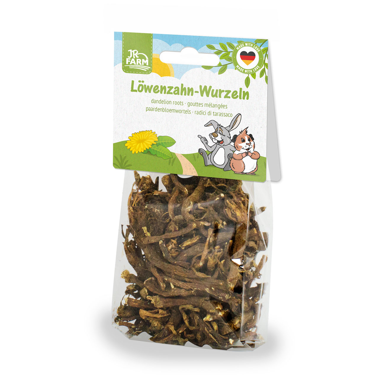 Transparenter Beutel mit getrockneten, bräunlichen Löwenzahnwurzeln. Bunter Aufhänger mit JR FARM Logo und grünem Schriftzug "Löwenzahn-Wurzeln" sowie Übersetzungen. Etikett mit Hase und Meerschweinchen.
