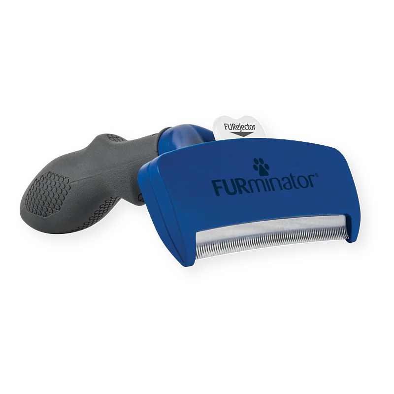 Blue Furminator deShedding brush for dogs with an ergonomic grey handle. The blue brush head with a silver stainless steel edge removes undercoat and loose hair. The white FURejector button easily releases the hair. Ideal for short-haired dogs.