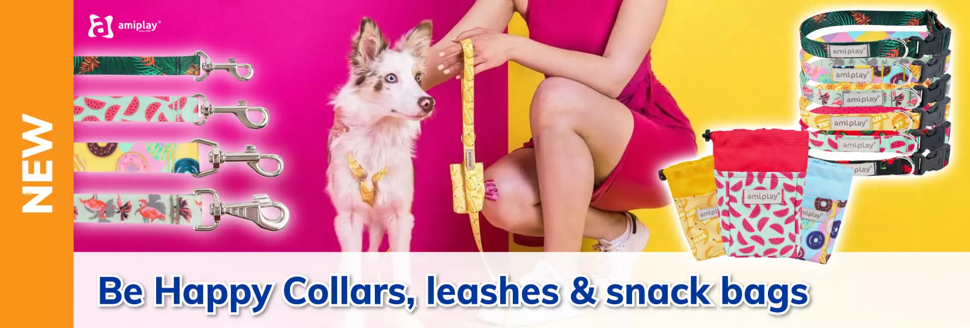 amiplay Be Happy collars, leashes & snack bags