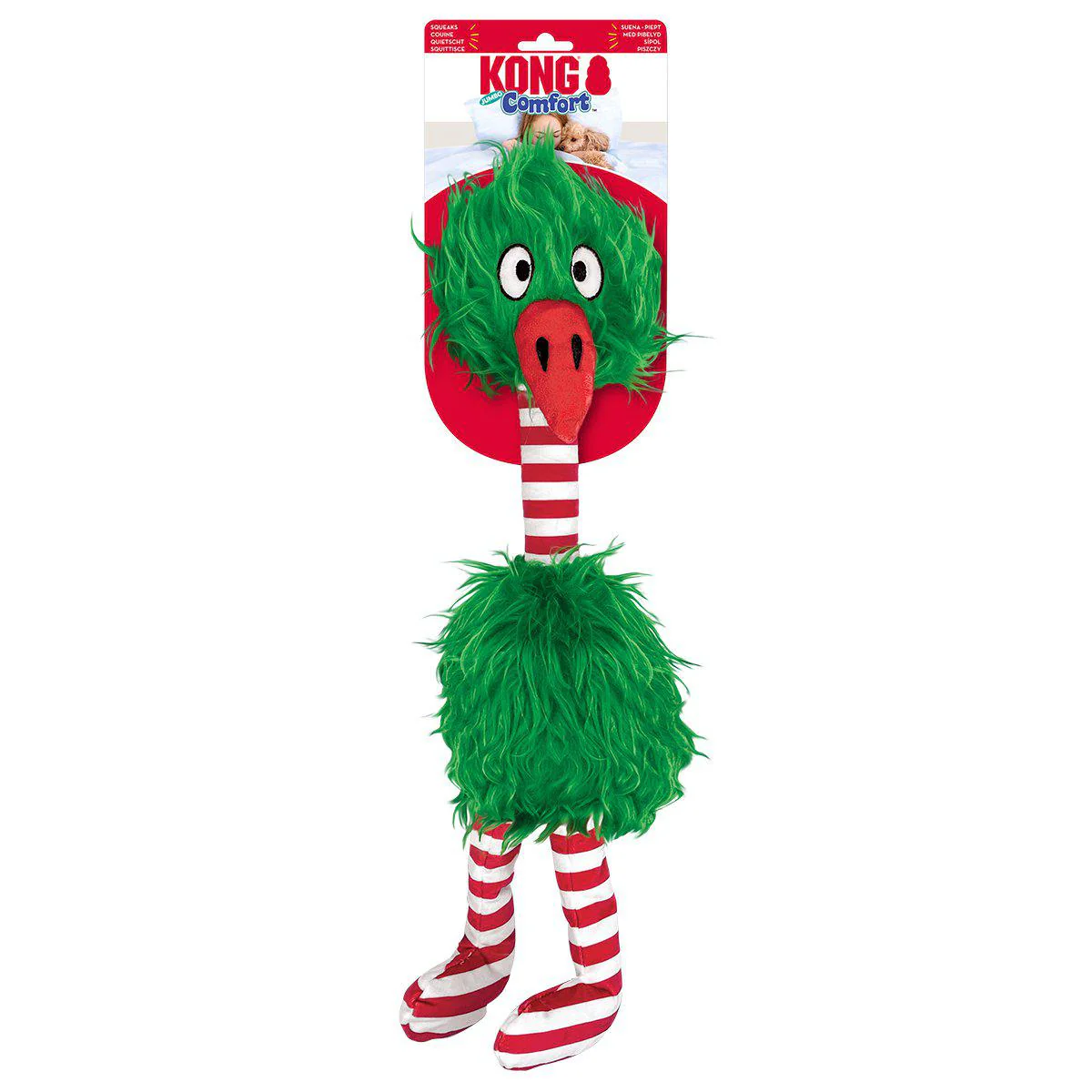 Kong Comfort dog toy: Green, striped bird with red beak and feet.