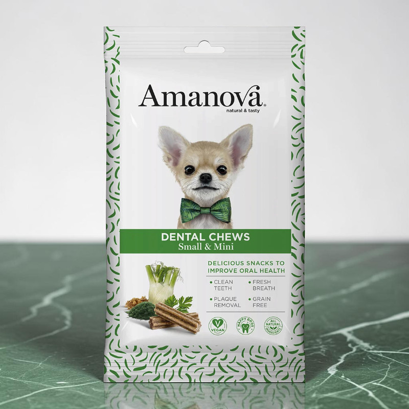 Friandises dentaires Amanova pour petits chiens et très petite taille : bâtonnets à mâcher végétaliens sans céréales pour l'hygiène dentaire. Éliminent la plaque, nettoient les dents, rafraîchissent l'haleine. Chihuahua avec nœud vert.