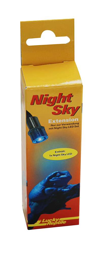 Emballage de l'extension Night Sky LED de Lucky Reptile avec une LED bleue et une grenouille comme motif.