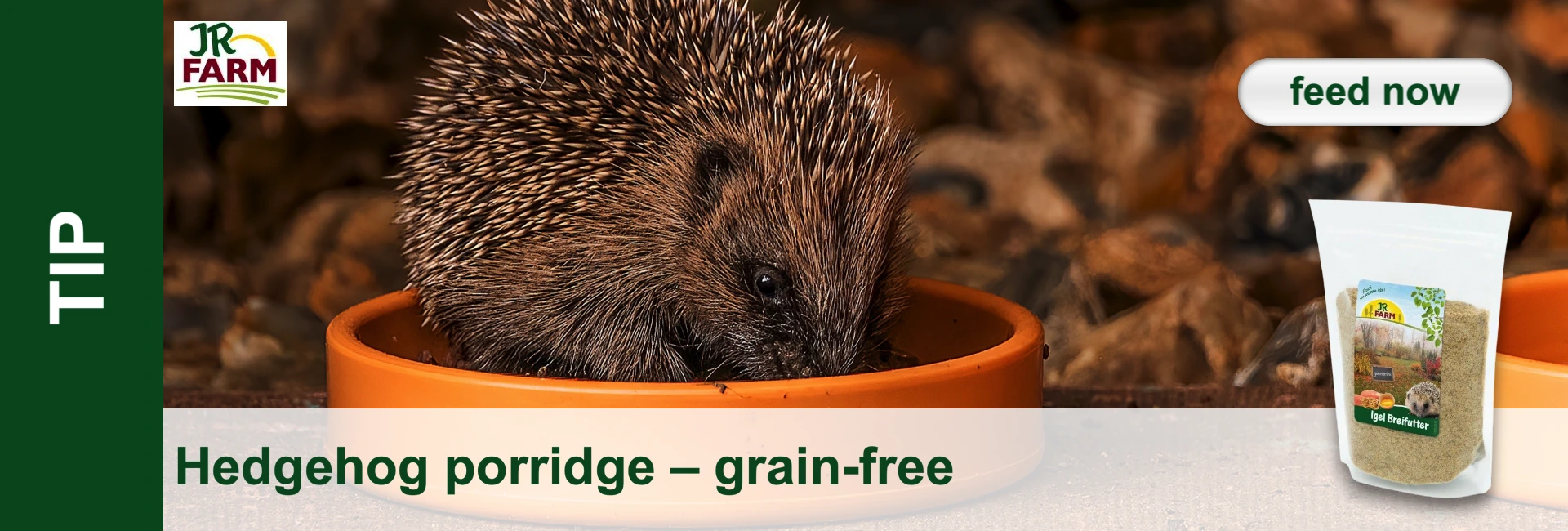 A hedgehog eats from an orange-coloured bowl. A packet of hedgehog food can be seen in the background.