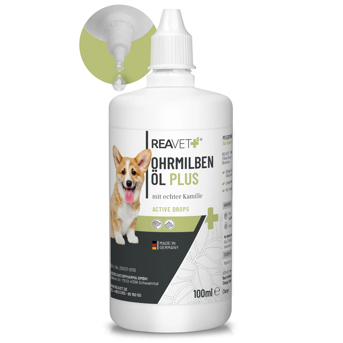 Weiße Flasche REAVET Ohrmilben Öl Plus mit echter Kamille Aktiv-Tropfen. Etikett: fröhlicher hellbraun-weißer Corgi-Welpe mit herausgestreckter Zunge. Nahaufnahme: Tropfen fallen aus Dosierspitze. 100ml.