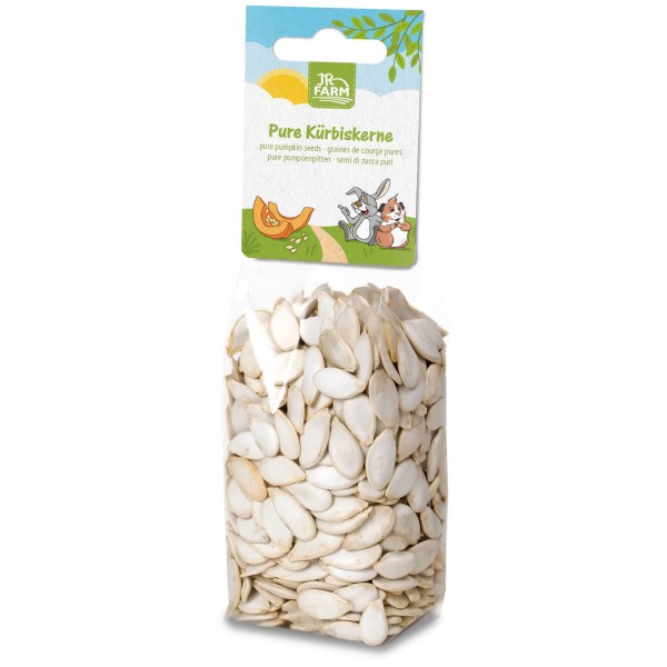 Transparent packet containing white, shelled pumpkin seeds. Coloured top card featuring the JR Farm logo, a pumpkin slice with seeds, a rabbit and a guinea pig on a path beneath a sunny sky with green leaves. Text: ‘Pure Pumpkin Seeds’.