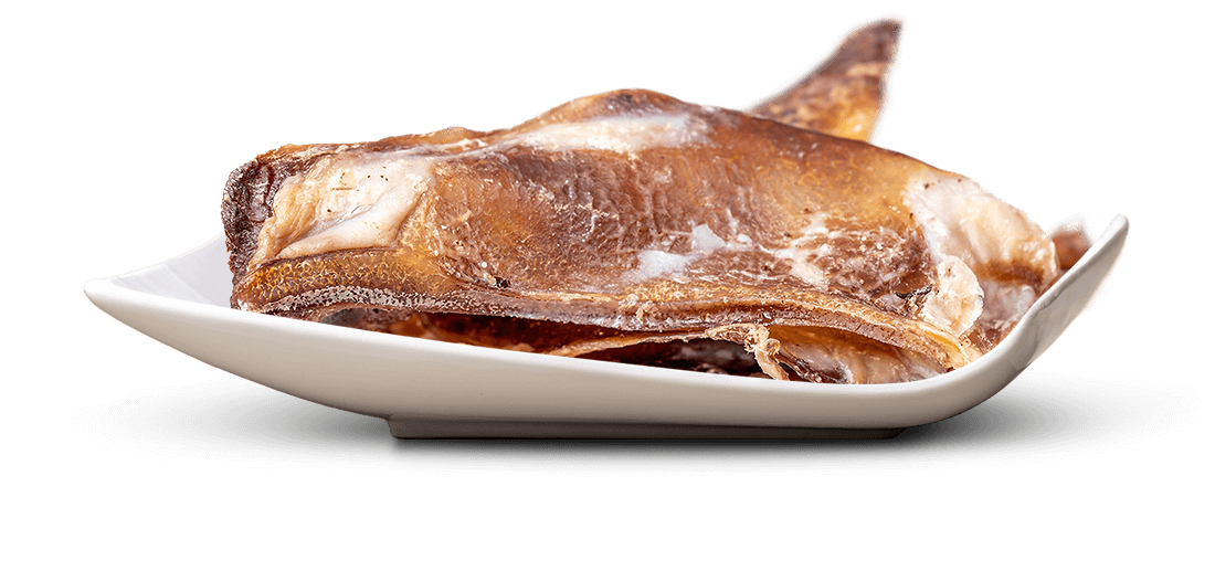 Getrocknetes Stück Fisch oder Fleisch, braun-golden mit helleren, fast weißen Partien, liegt in einer flachen weißen Schale auf weißem Hintergrund. Oberfläche rau, leicht schuppig mit sichtbaren Fasern; unregelmäßige Form mit spitzen Ausläufern.