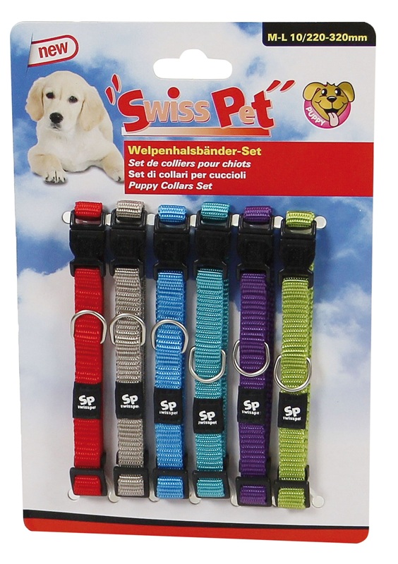 Packaging Swisspet Puppy collar set in six colours with logo and puppy.