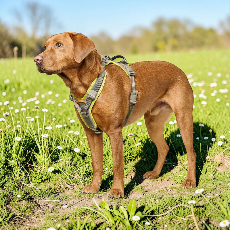 A reddish-brown dog is standing in a green meadow dotted with white daisies, wearing a grey-green ergonomic dog harness with adjustable chest and back straps, as well as reflective details. He is looking to the left.