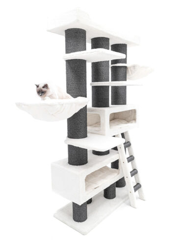 Alto tiragraffi bianco con colonne in sisal grigio scuro, piattaforme, nicchie e due cucce. Gatto chiaro con macchie scure riposa in alto su un'amaca. Piccola scaletta che porta ai livelli inferiori, su sfondo bianco.