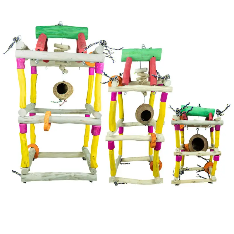Trois structures d'escalade en forme d'oiseaux, colorées et en bois naturel, de taille décroissante. Branches colorées (jaune, rose, rouge, vert, orange), niveaux, perchoirs, demi-noix de coco, jouets suspendus et cordes.