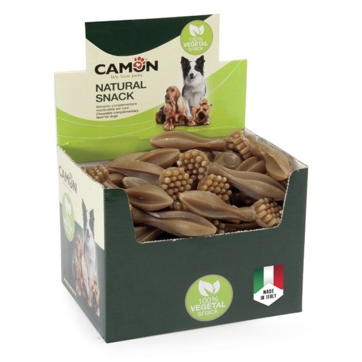 Carton de Camon Brosses à dents à mâcher taille S pour chiens. Friandises de légumes en forme de brosse à dents. Emballage avec des motifs de chiens.