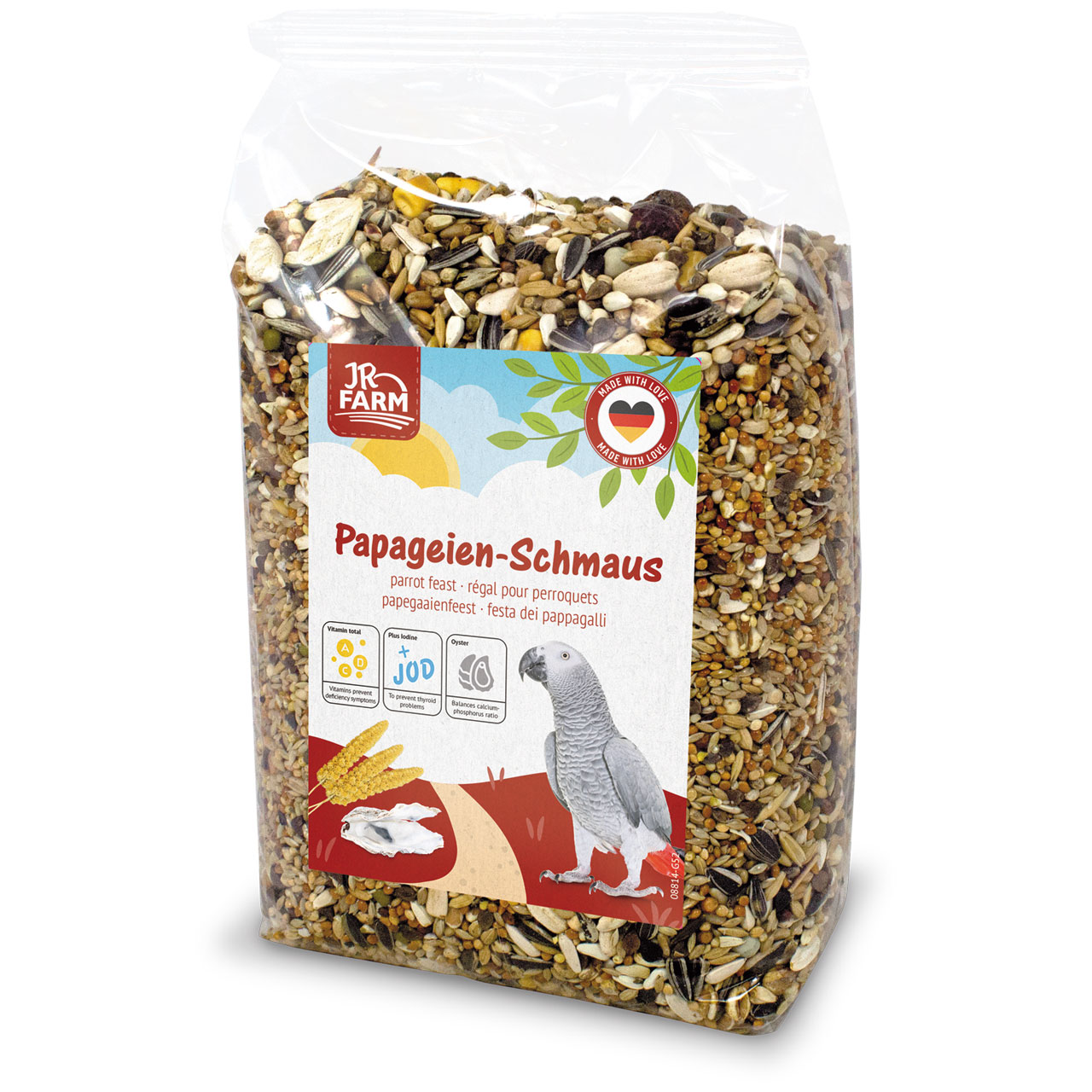 Transparent plastic packaging containing a seed mix for parrots. Label: a grey parrot, ears of grain and an oyster shell in a rolling field. Text reading ‘JR Farm Parrot Treat’, surrounded by ‘Made with Love’ hearts.