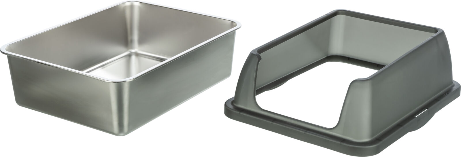 A rectangular, silver-coloured metal tray next to a dark, semi-transparent plastic insert with a large centre opening. The tray has smooth sides and rounded corners. The insert is taller, like a top frame, possibly for a cat litter tray.