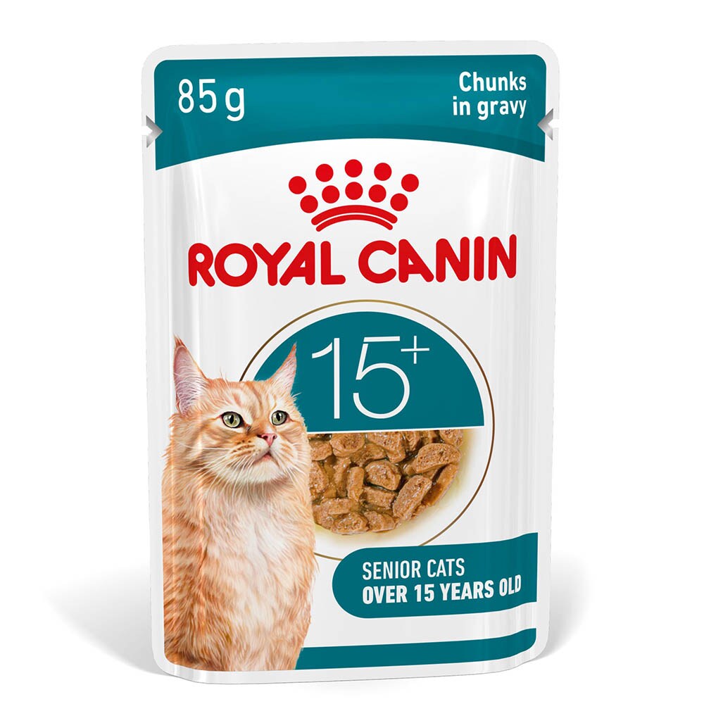 Packaging Royal Canin Ageing 15+ wet food, cat on the left, pieces of food and logo.