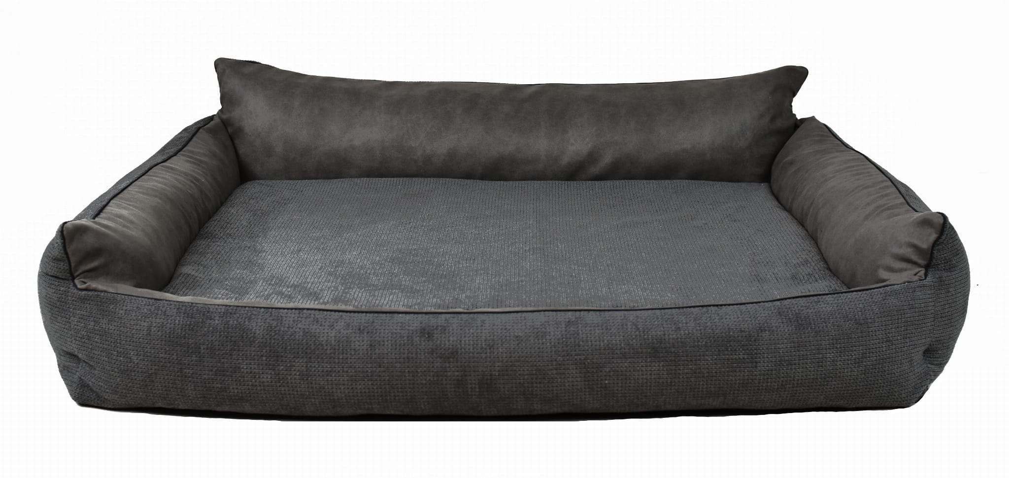 Dunkelgraues, rechteckiges Hundebett "ROCKY" mit erhöhtem Rand und Rückenlehne. Orthopädisch, gemütlich.