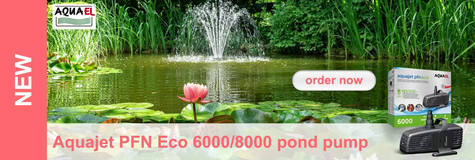 Pond with water lilies, fountain and bank planting. In the foreground a water pump and advertising text.