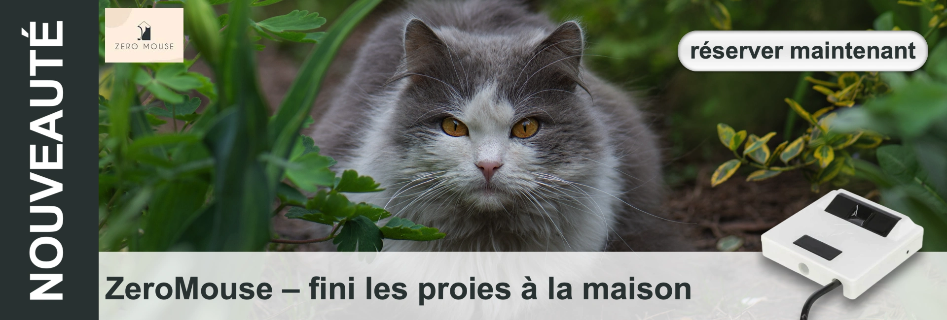 Un chat gris et blanc aux yeux orange vif regarde à travers un feuillage vert dense. À gauche, on peut lire « NOUVEAUTÉ », en haut à droite, un bouton « réserver maintenant ». En bas : «ZeroMouse – fini les proies à la maison » et un appareil blanc.