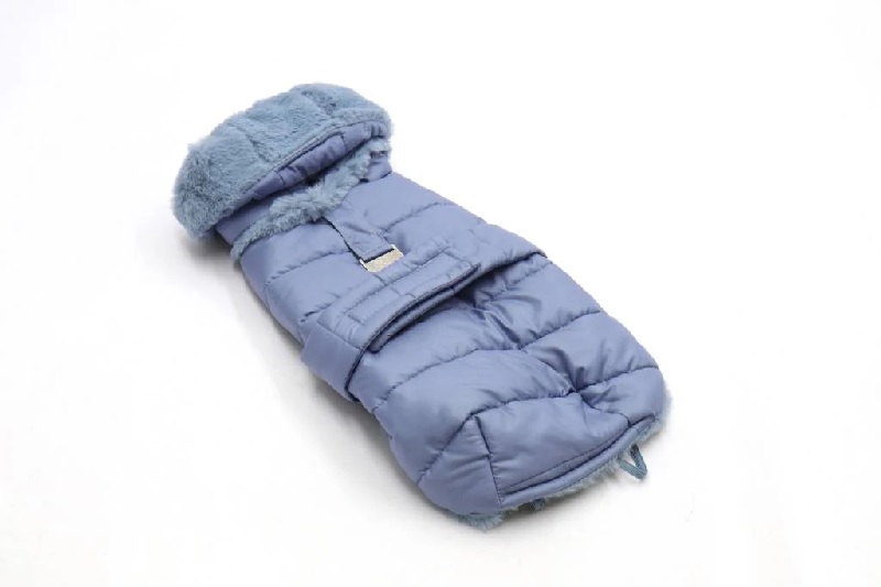 Quilted coat with detachable hood and faux fur lining light blue