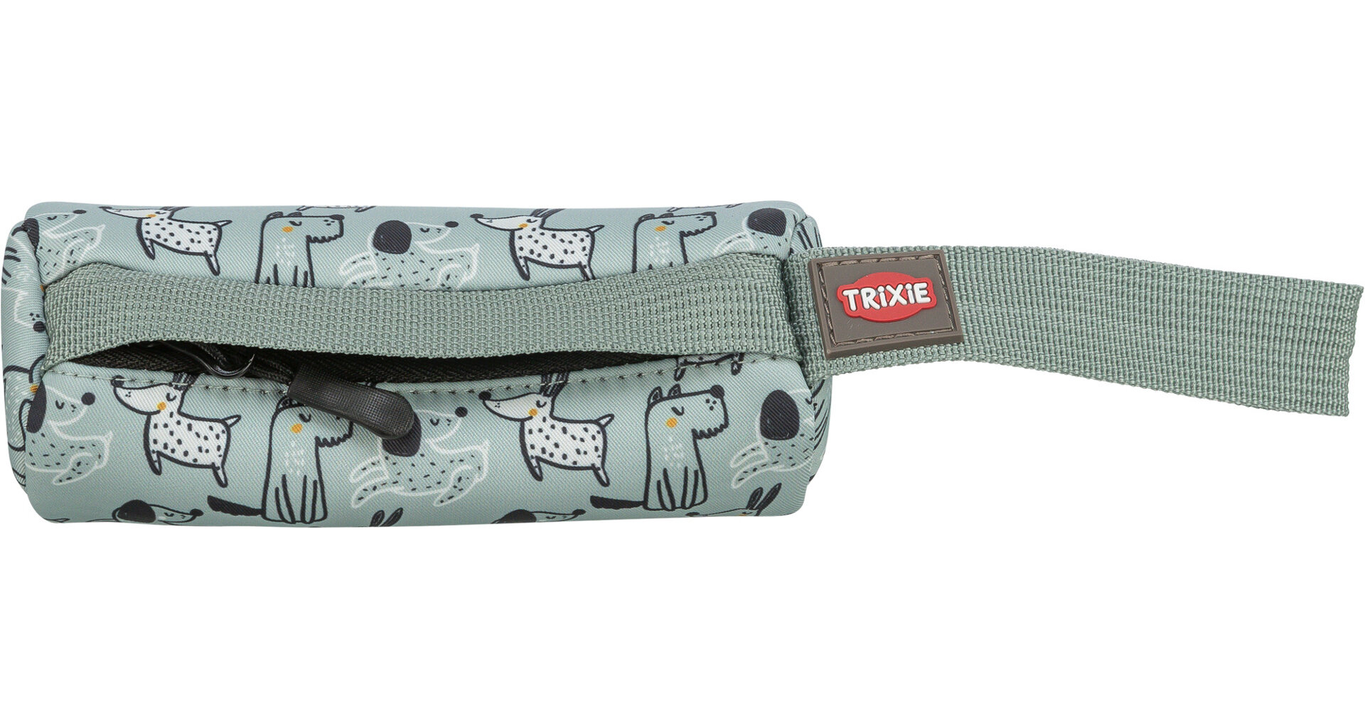 Mintgrüner Hundebeutelspender mit fröhlichem Muster aus cartoonartigen Hunden in verschiedenen Posen und Grautönen. Kompaktes, zylindrisches Design mit schwarzem Reißverschluss und robustem Stoffriemen mit TRIXIE-Logo. Ideal für Spaziergänge.