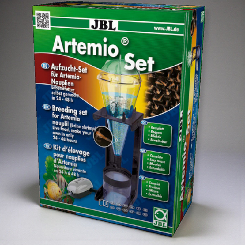 Packaging of the JBL ArtemioSet for rearing Artemia nauplii. Shown are accessories and the container with nauplii.