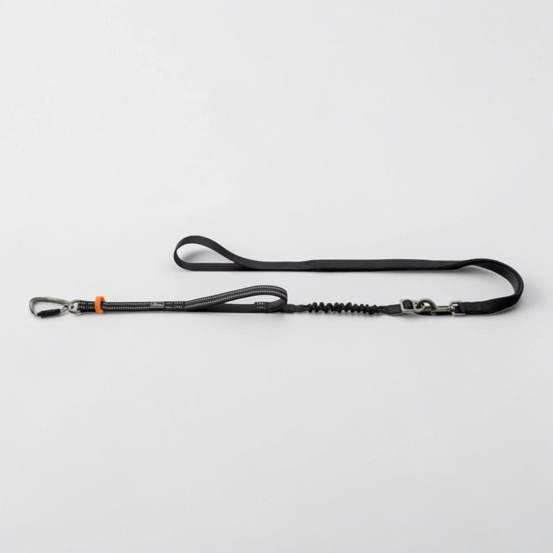 Laisse pour chien noire avec éléments réfléchissants sur fond clair. Mousqueton de sécurité aluminium argenté avec repère orange, poignée courte rembourrée (néoprène), amortisseur de secousses intégré et dragonne souple.