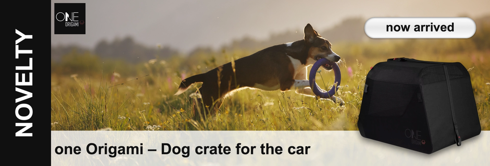 A brown, white and black dog is playfully leaping through a field of tall grass and wildflowers, a purple ring in its mouth. The sun is shining from behind. A soft, black dog crate for the car can be seen in the foreground on the right.