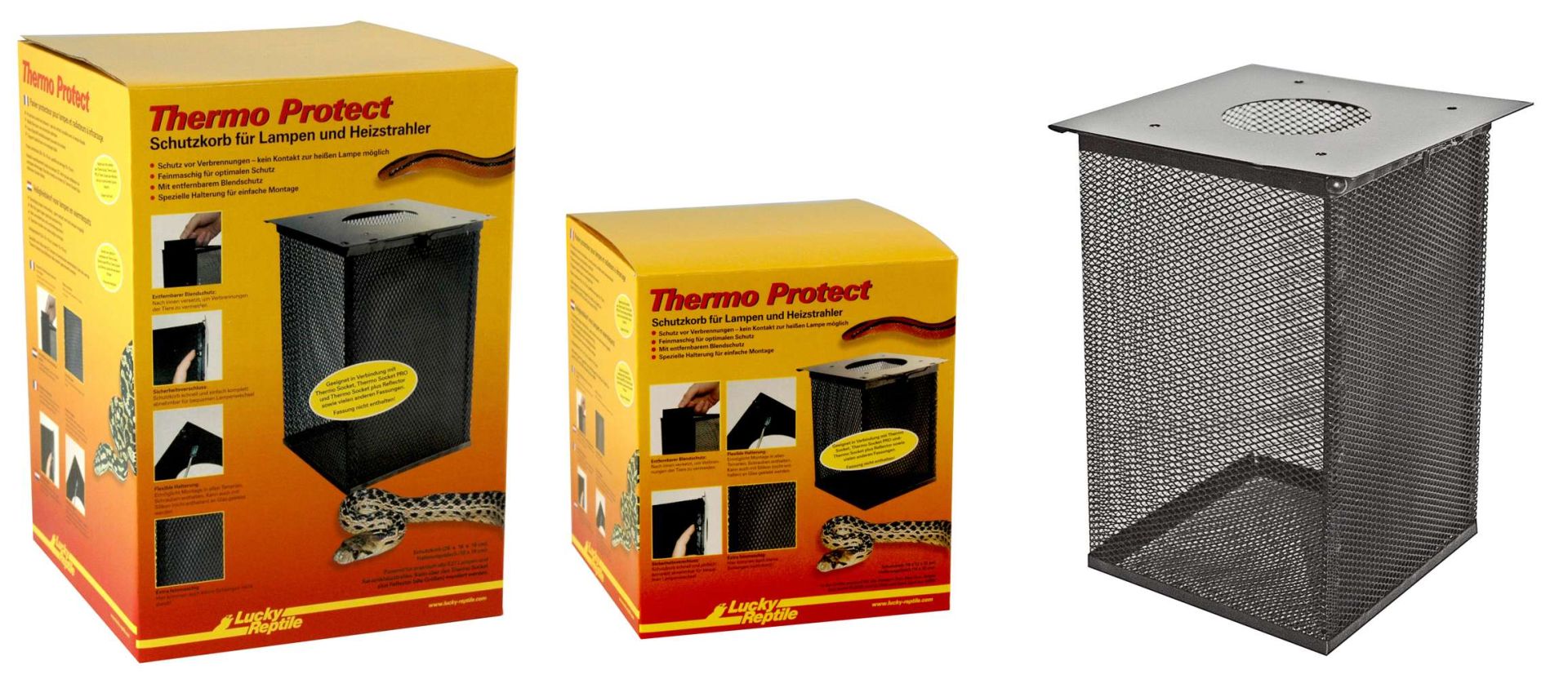 À droite, près de deux emballages jaunes, une cage de protection noire en treillis métallique. Les emballages « Thermo Protect » affichent une grille et un serpent, pour éviter les brûlures.