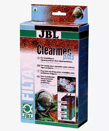JBL Clearmec plus packaging for crystal clear aquarium water. Illustration of an aquarium and filter.