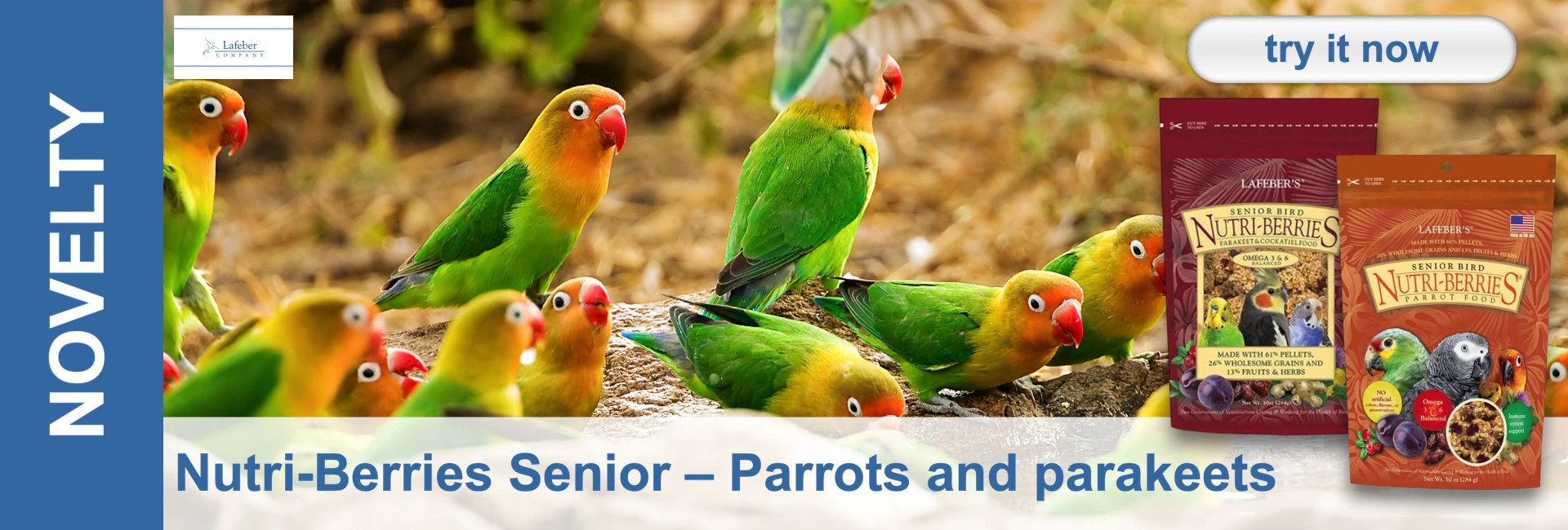 Several colourful peach-headed parakeets with green plumage and orange-red faces in a natural setting. On the right are two packs of Lafeber ’s Senior Bird Nutri-Berries bird food for older parrots and parakeets.